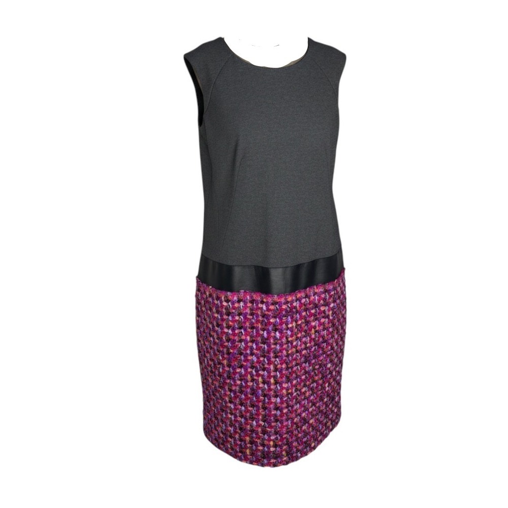 Lafayette 148 New York Womens Shift Dress 4 Gray Pink Wool Tweed Leather Trim